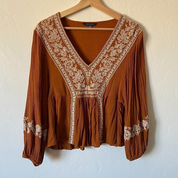 American Eagle Embroidered Peasant Top Burnt Orange Boho Hippie XS - Picture 2 of 7